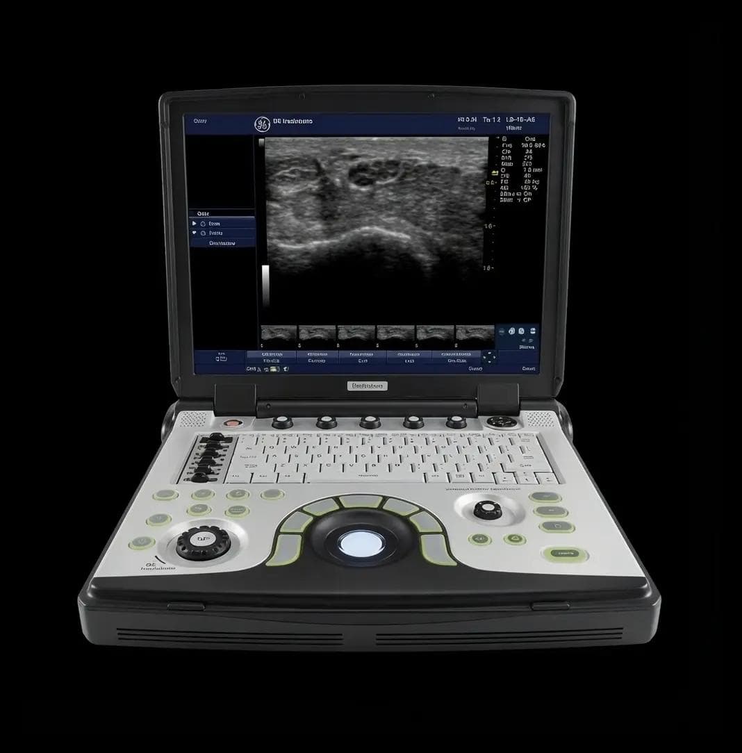 Black-housed GE LOGIQ e portable ultrasound, BT'12 redesign