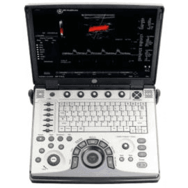 Silver-paneled original GE LOGIQ e portable ultrasound, BT'06 generation