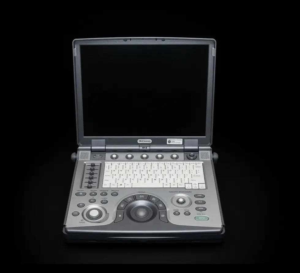 Silver-paneled original GE LOGIQ e portable ultrasound, BT'06 generation