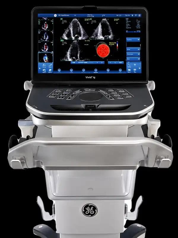 GE Vivid IQ portable cardiovascular ultrasound system with myocardial strain analysis on screen.