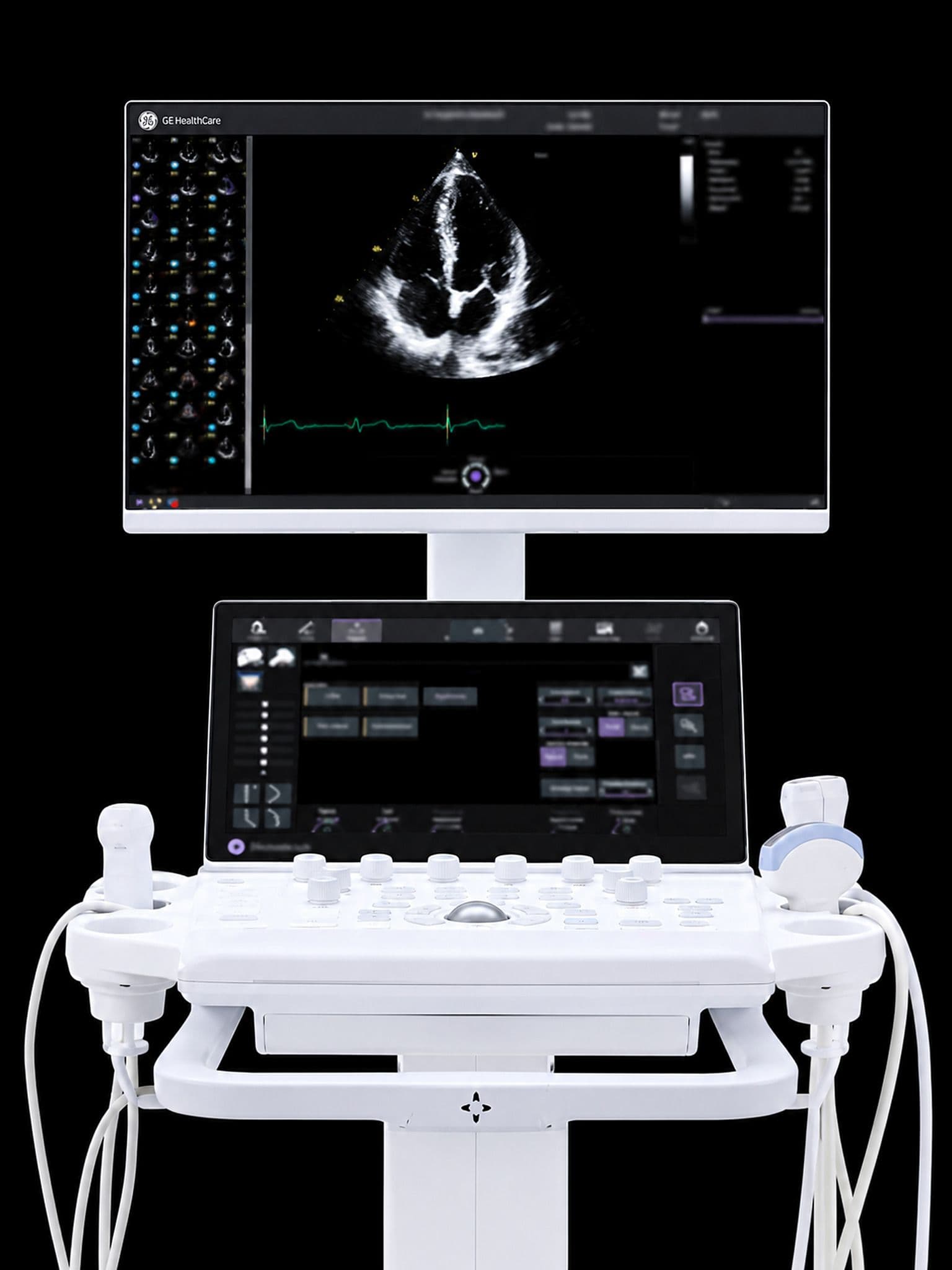 Cart-based cardiovascular ultrasound system with a widescreen monitor on a center post showing an apical four-chamber view, a touch panel above the control panel, and probe holders on both sides