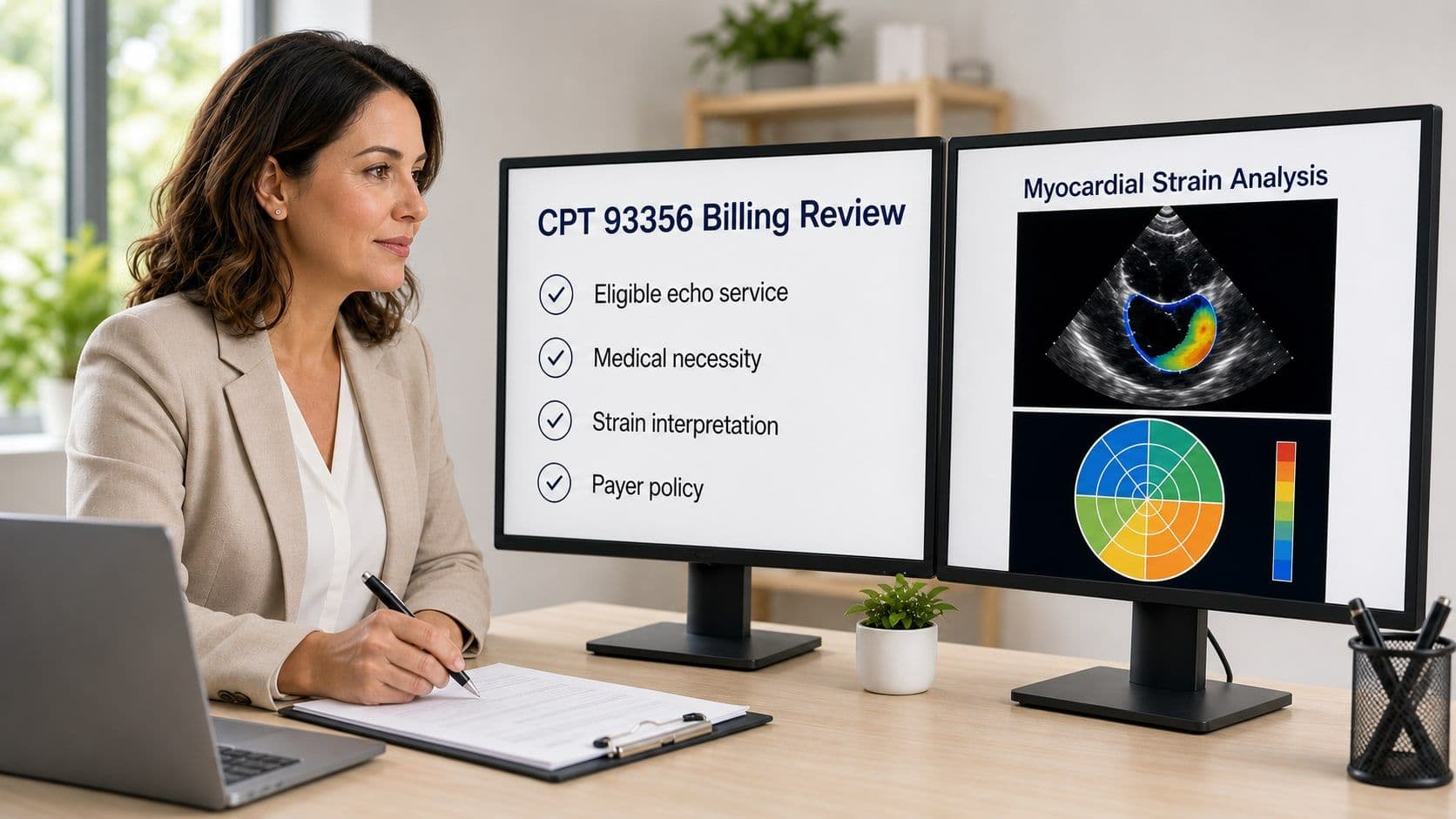 Cardiology billing specialist reviewing CPT 93356 billing criteria beside an illustrative myocardial strain analysis.