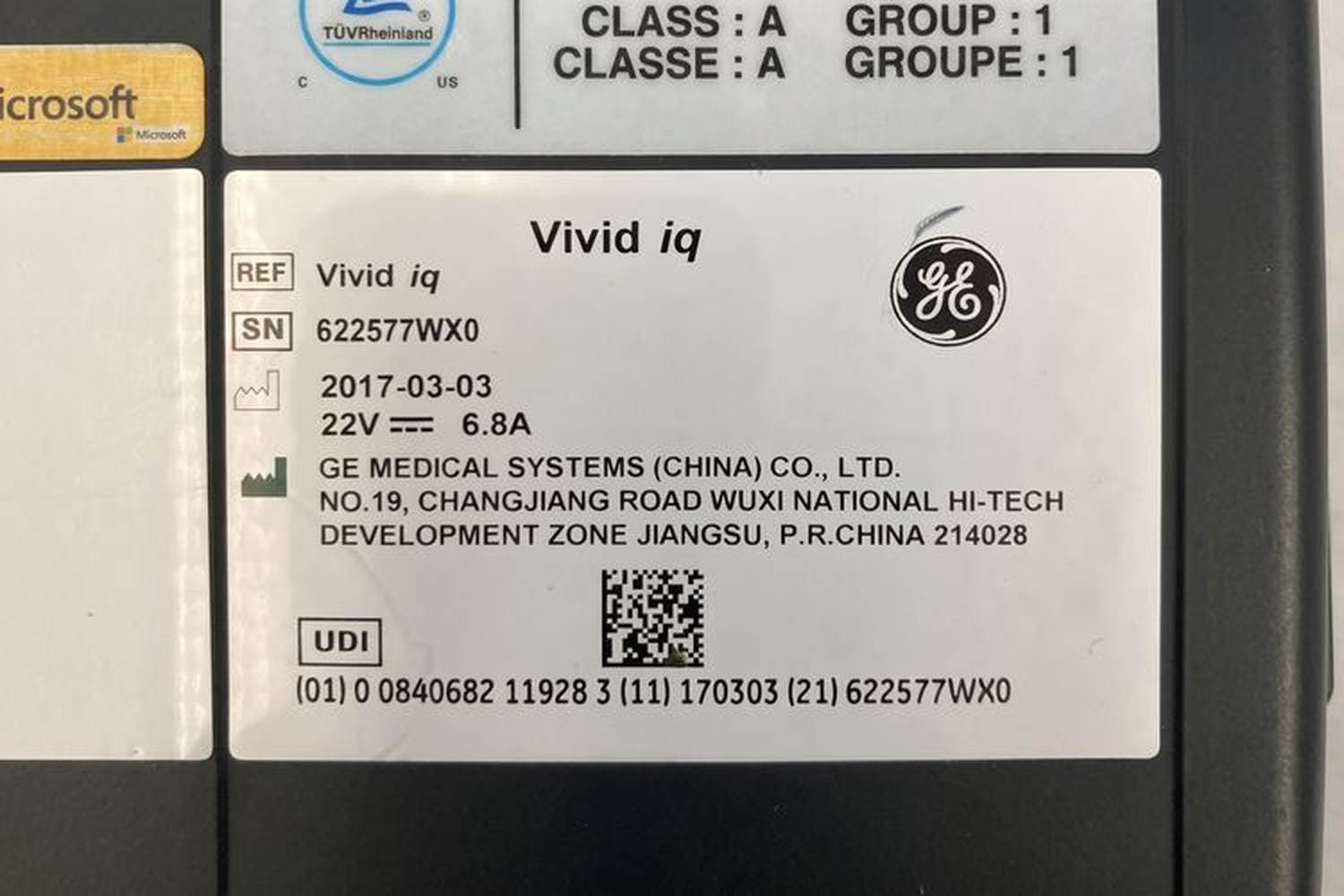 GE Vivid IQ Premium rating plate showing model and serial number