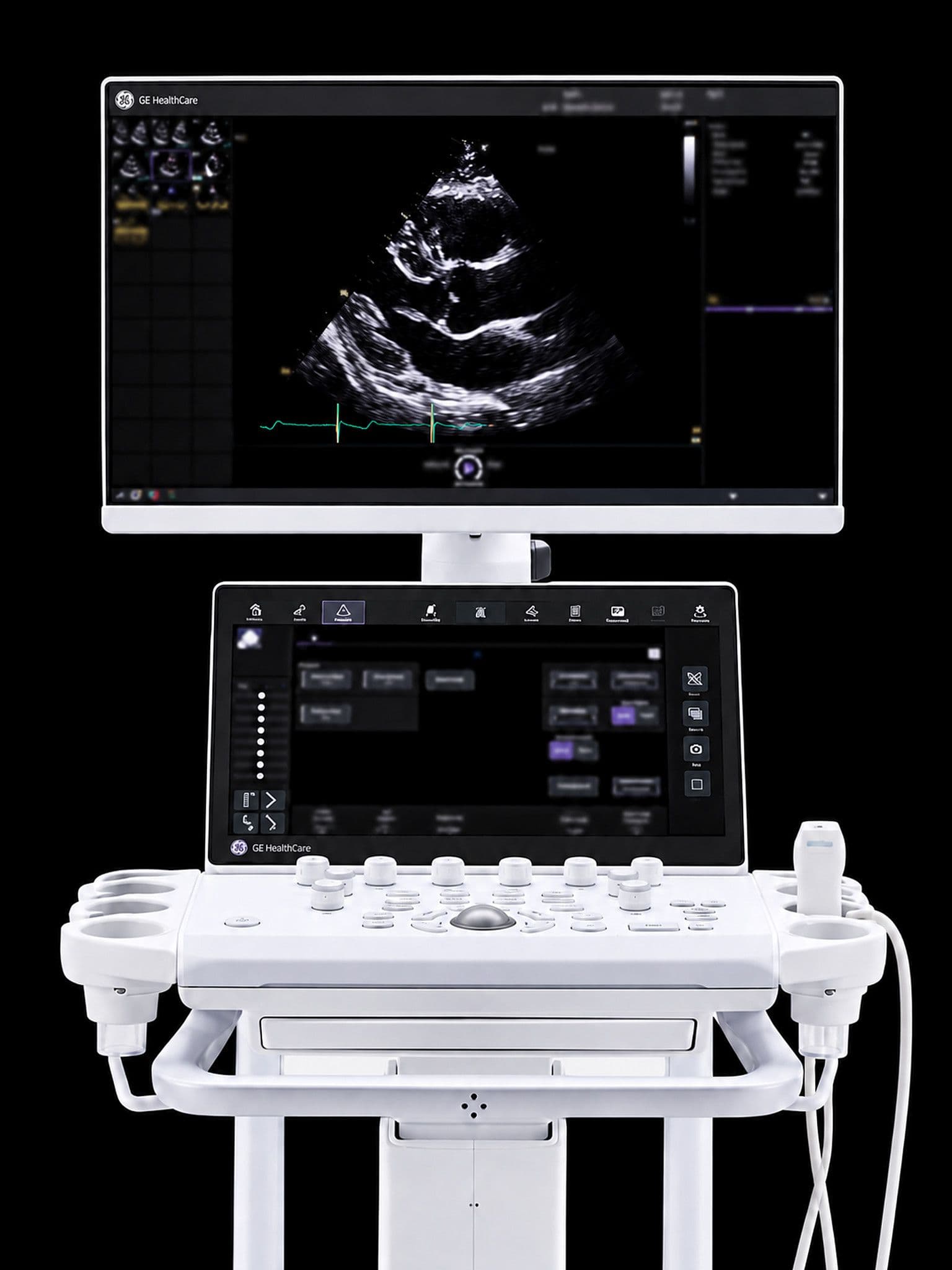 Cart-based cardiovascular ultrasound system with a white widescreen monitor showing a parasternal long-axis heart view, a touch panel above the control panel, and probe holders on both sides