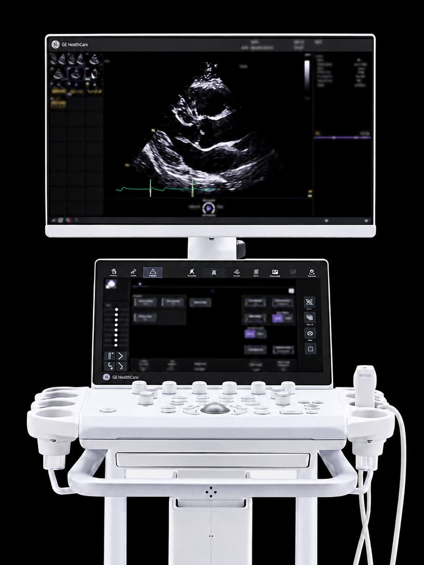 Cart-based cardiovascular ultrasound system with a white widescreen monitor showing a parasternal long-axis heart view, a touch panel above the control panel, and probe holders on both sides